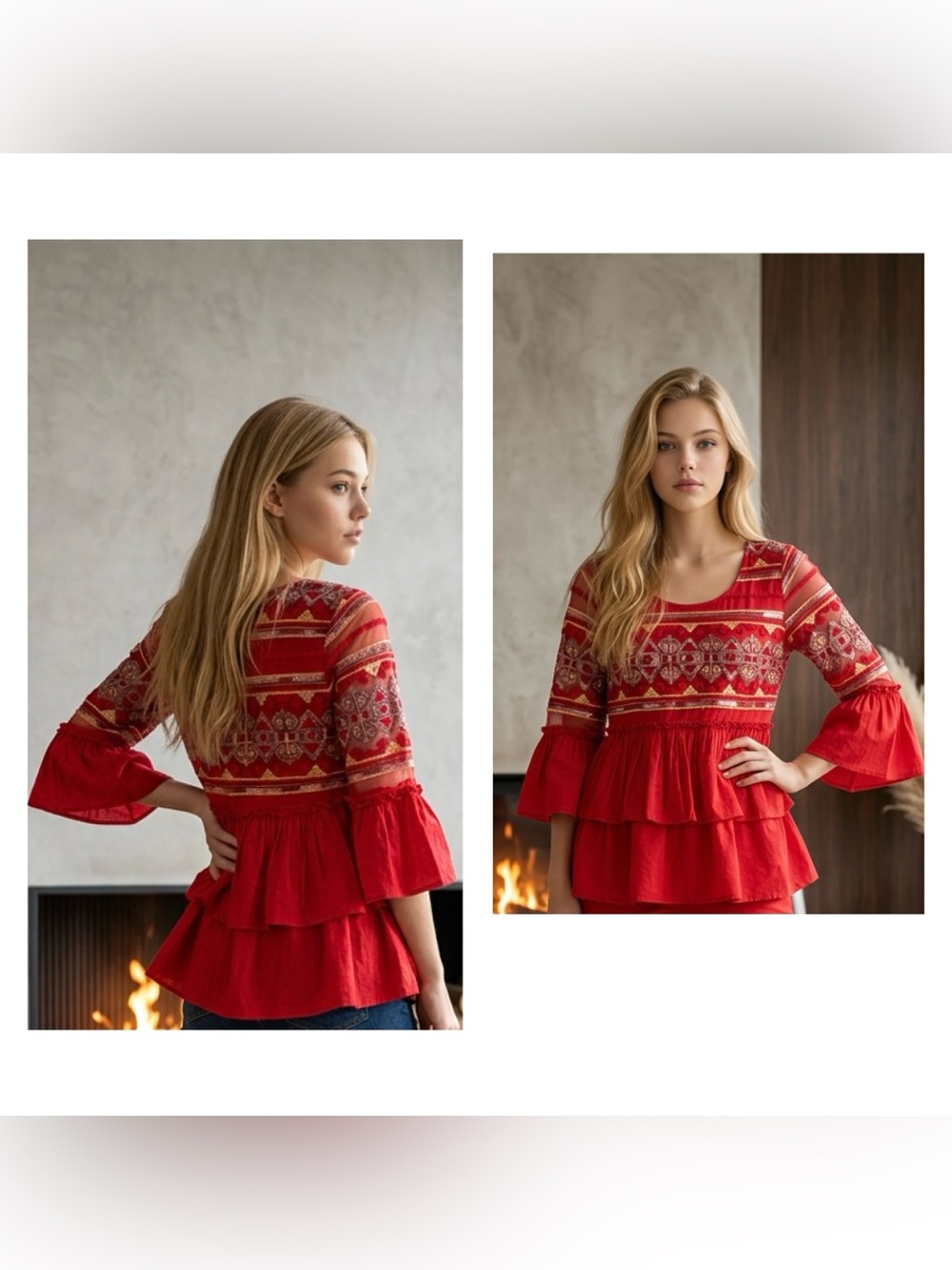V Cristina Women Sz M Red Embroidered Tiered Peasant boho cottage pullover Top